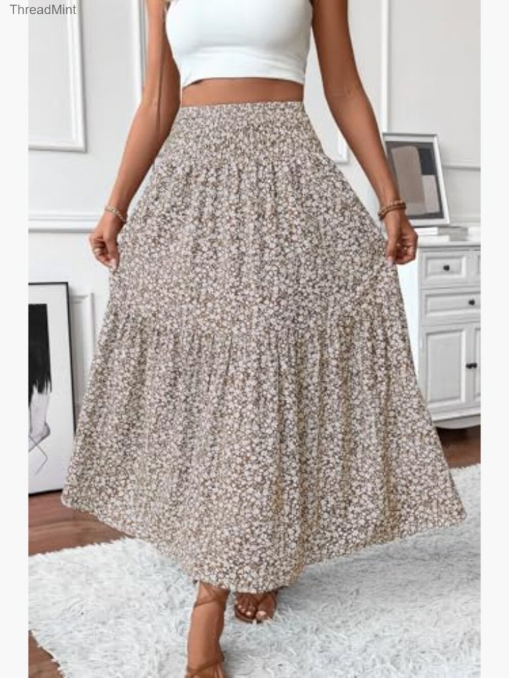Women's Smocked High Waist Maxi Skirt Casual Boho Long Skirts with Pockets - Picture 3 of 7